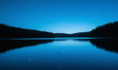 A starry night sky over a still lake, with deep blues, reflections of stars, and calm visual harmony — peaceful and poetic