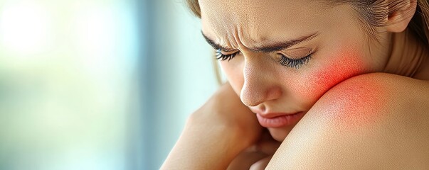 Sensitive skin allergic concept: Woman scratching her arm, with a red rash developing from an allergic reaction, Generative AI