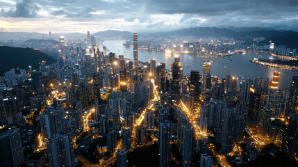 Fototapeta premium Aerial view of vibrant megacity skyline illuminated dusk, showcasing glowing skyscrapers