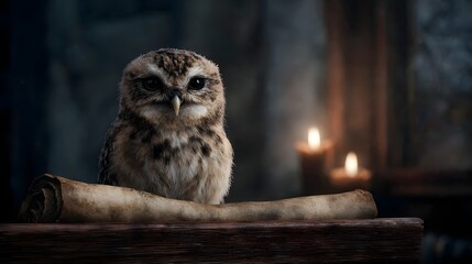 Wise owl reading from an ancient scroll in a wizard s study