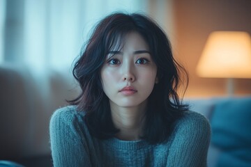 Family problems concept: An Asian woman sitting apart from her husband, feeling disappointed after an argument at home, Generative AI