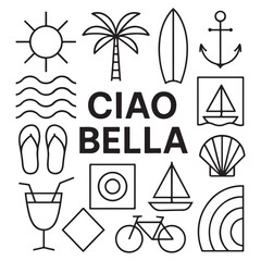 Fototapeta premium A vibrant vector travel icon set with summer beach, sun, sea, and nautical symbols perfect for your holiday design