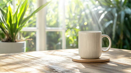 Serene scene featuring textured mug resting wooden table, illuminated by sunlight streaming