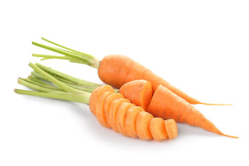 Fresh carrot and slices on white background