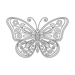 Intricate black and white line art butterfly with symmetrical patterns and circles