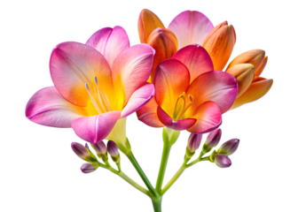 Beautiful pink and orange freesia flowers are isolated on transparent background