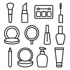 Set of cosmetic icons featuring various beauty bottles, makeup symbols, and perfume illustrations in vector format