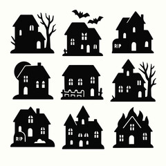 Black and White Haunted House Silhouette Icon Set