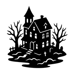 Isometric Haunted House Silhouette in Black and White