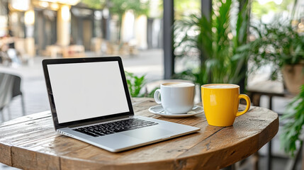 Cozy cafe scene featuring laptop and two coffee cups wooden table, perfect for work