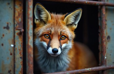 Close-up portrait of beautiful red fox with striking orange eyes, peering through rusty metal bars of cage. Fox exhibits sad expression, animal cruelty, captivity, need for protection, shelter for