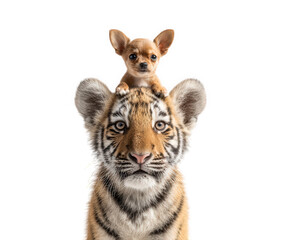 Obraz premium Tiger chihuahua animal pet mammal isolated transparency background adorable cute friendship playful small dog sitting on tiger head unique animal companionship creative concept