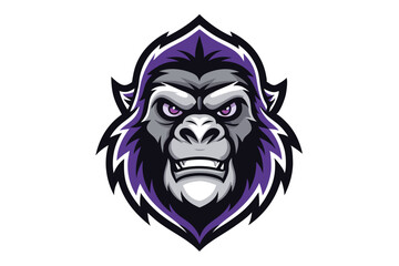 Fierce purple gorilla face showcases its teeth and stares intensely forward aggressively
