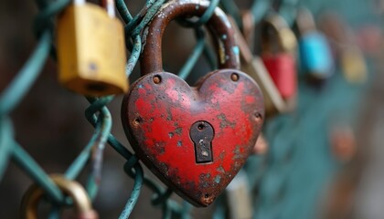 Close-up weathered heart-shaped lock with red patina on a fence. Colorful padlocks, blurred background. Symbolizes love, commitment, romance, connection, and relationships.