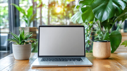 Fototapeta premium Modern laptop on wooden table surrounded by green plants, creating serene workspace atmosphere