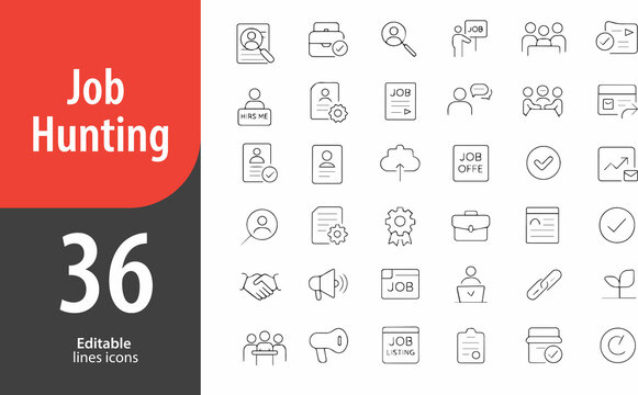 set of Job Hunting Line Icons, Resume, Job Search, Briefcase, Interview, Hiring Process, Editable Formats: AI, EPS, PNG, JPG, Ideal for Both Digital and Print Use
