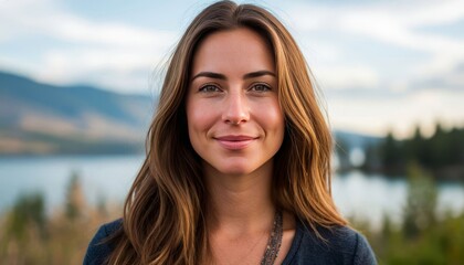 The image depicts a portrait of a woman with long blonde hair, standing against a natural backdrop of mountains and a water body, creating an atmosphere of tranquility and harmony, in 3D, 4K.