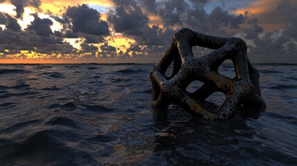 A dark, rocky, and textured sculpture sits in the ocean at sunset.