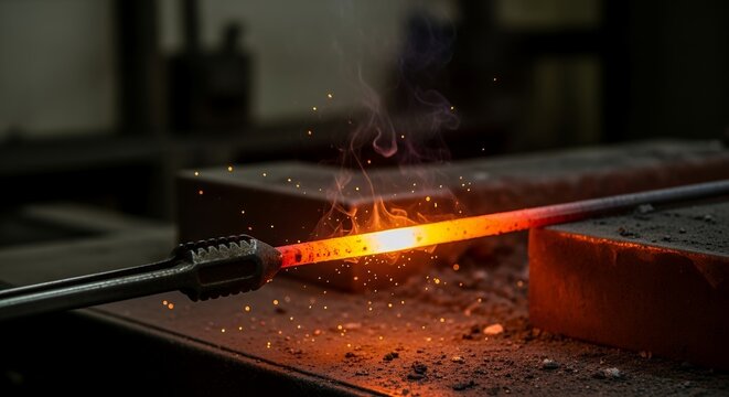Close-up of a red-hot metal rod being worked, generating sparks and smoke. - Powered by Adobe