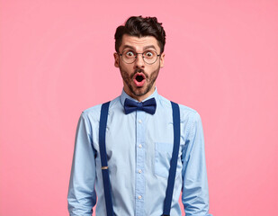 Fototapeta premium Shocked hipster man in blue shirt and suspenders with funny wide-eyed look