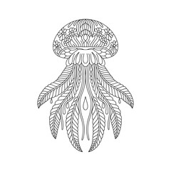 Intricate black and white line art mandala design of a jellyfish with floral elements
