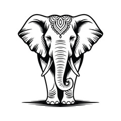 Elegant black and white line art drawing of an elephant head with intricate decorative ornament
