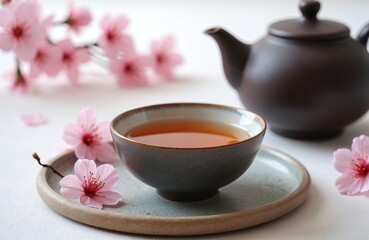 Japanese tea ceremony with teapot, tea bowl. Pink cherry blossoms adorn scene. Hot beverage in ceramic cup, ideal for morning relaxation cultural representation. Natural light enhances tranquil