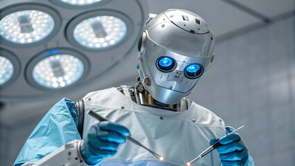 A futuristic humanoid AI robot sharing knowledge through a glowing holographic interface, standing upright
