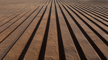 A field of sand with parallel lines.