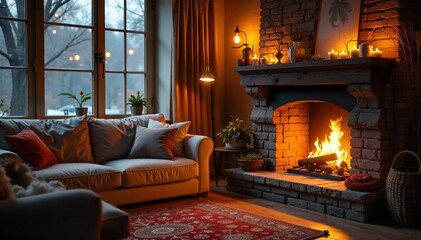 Cozy Fireplace Living Room Warm, Inviting Scene Perfect for Relaxation and Tranquility. Ideal for Autumn, Winter, or Hygge-Themed Projects. Embracing Comfort and Homeliness.