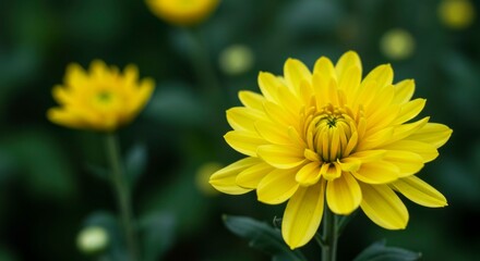 Vibrant yellow flower with layered petals, standing tall against a blurred green backdrop