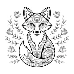 Intricate black and white line art illustration of a stylized fox surrounded by floral elements