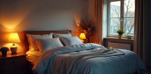 Relaxing Cozy Bedroom with Warm Lighting, Plush Bed, and Inviting Blanket - Perfect for Home Decor and Sleep-Related Designs