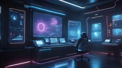 Obraz premium Sci-Fi Command Center with Holographic Core Display
