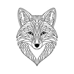 Stylized black and white line art illustration of a fox head with intricate geometric patterns