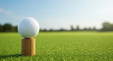 Golf ball rests on tee, ready for a swing on a lush green course under a clear blue sky