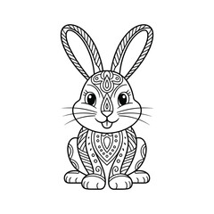Cute black and white line art illustration of a decorative easter bunny with intricate patterns