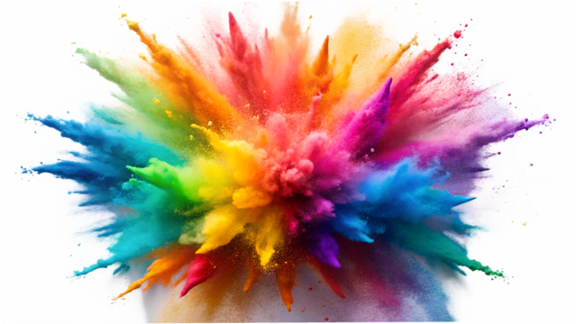 A vibrant explosion of colorful powder is isolated on transparent background