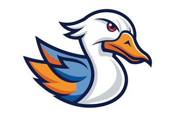 Duck mascot shows its stylized blue and orange plumage with a determined gaze
