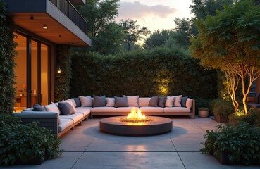 Fototapeta premium Luxurious outdoor lounge area with sectional sofa surrounds modern fire pit in rich garden evening setting. Cozy fire pit arrangement provides warm, inviting ambience. Stylish design, comfortable