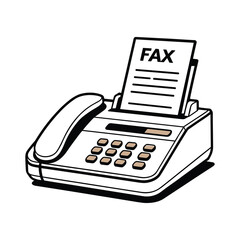 Retro fax machine with handset and paper displaying the word fax in a clean illustration