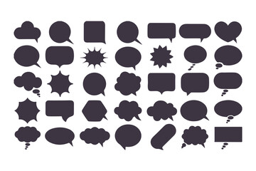Collection of black speech bubbles. Set of various flat silhouette dialogue box icons for comic, chat, or communication design elements.