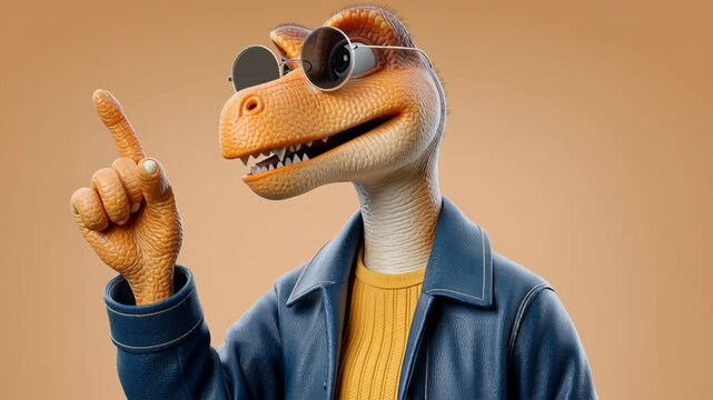 Cartoon character with sunglasses on his face is pointing to the left. The character is wearing a blue jacket and a yellow shirt