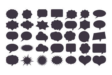 Collection of black speech bubbles. Set of various flat silhouette dialogue box icons for comic, chat, or communication design elements.