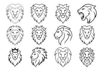 Lion Head Vector Icons Collection Silhouette on white background 