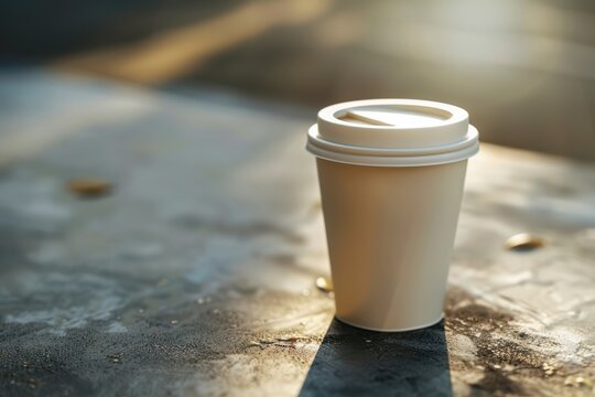 cup of coffee to go staning on stone in sunshine