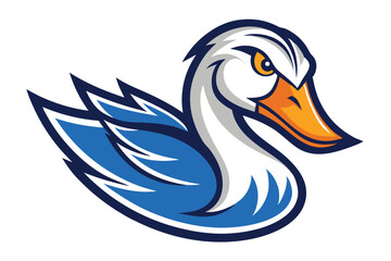 Fierce white duck with orange beak displays vibrant blue feathers in a image