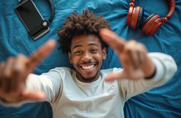 Cheerful African American teen boy takes selfie relaxing on bed. Smiling guy in hoodie, casual style, enjoys leisure time with headphones and smartphone nearby. Youth, fun, rest themes.