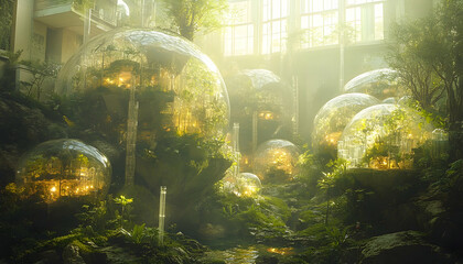 Glass spheres indoor garden lush plants soft light nature artwork