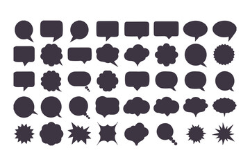 Collection of black speech bubbles. Set of various flat silhouette dialogue box icons for comic, chat, or communication design elements.